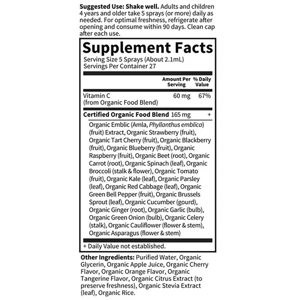 GLF393 | Supplement Facts label showing serving size 5 sprays, Vitamin C 60 mg, and certified organic food blend ingredients - Thumbnail
