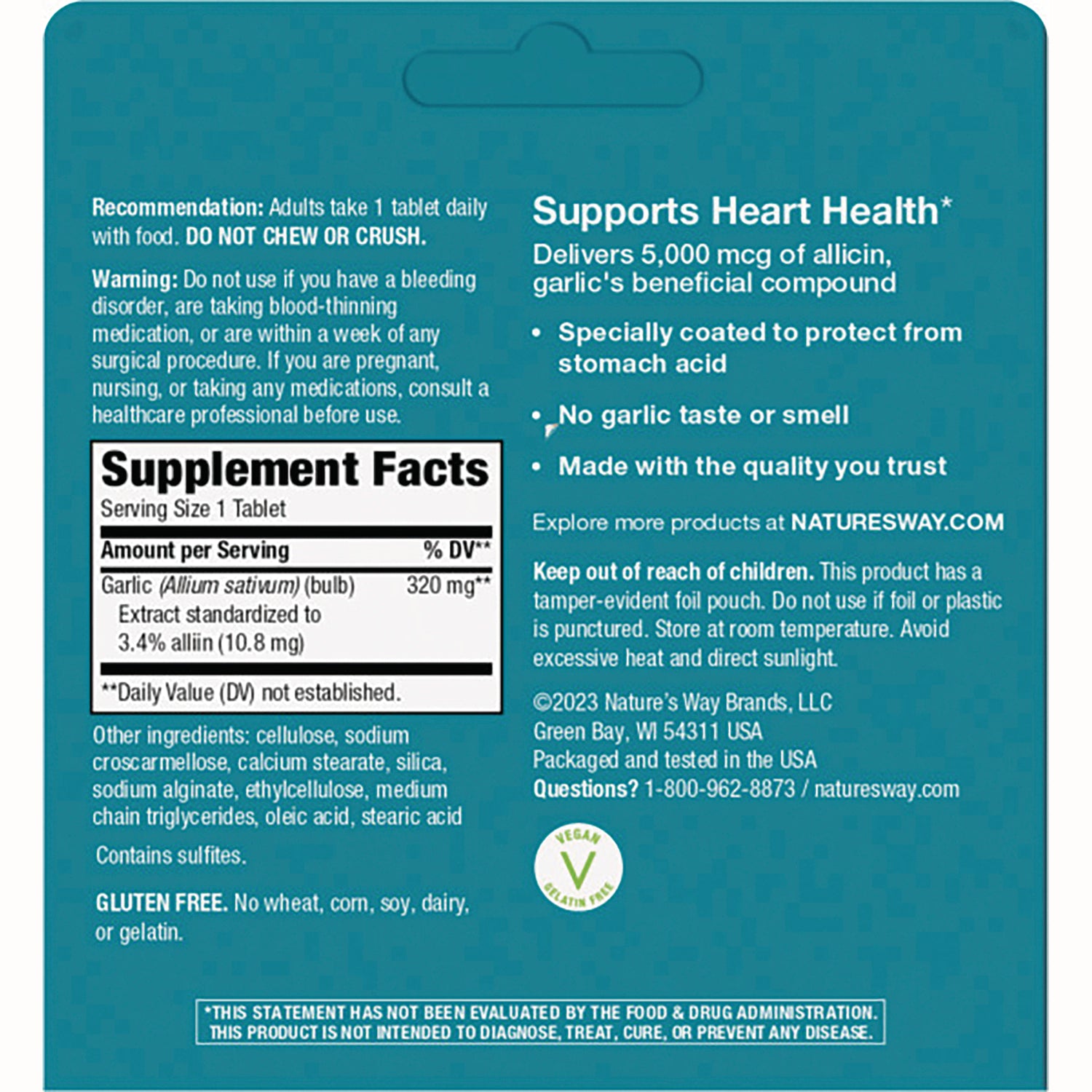 ET381 | back of teal supplement package showing Supplement Facts panel, warnings, directions, and vegan icon