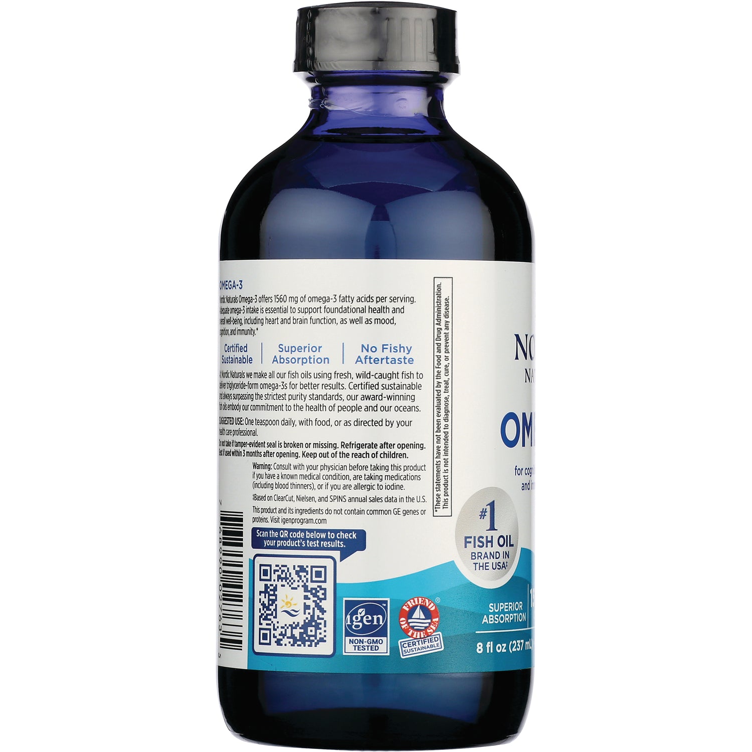 NRN089 | Back label of blue bottle showing supplement facts, QR code, barcode, and certification icons