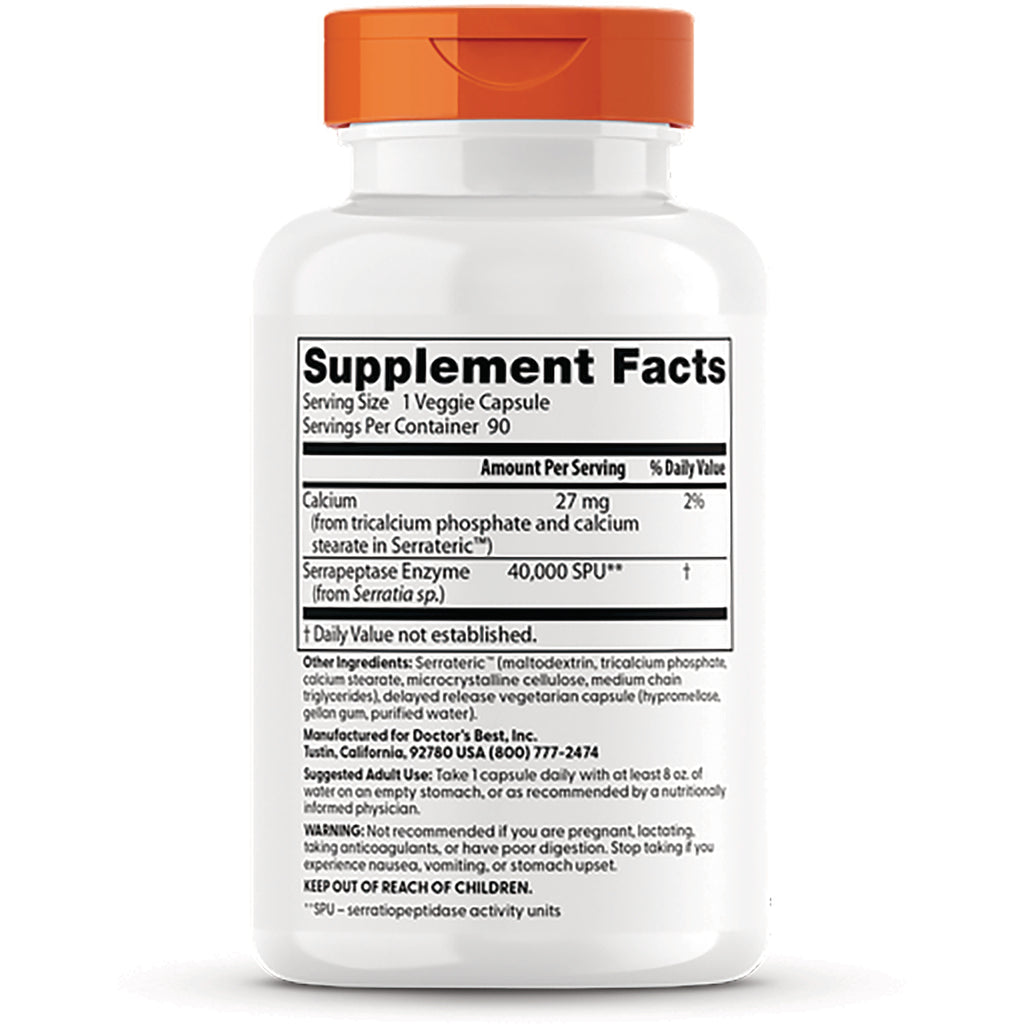 Supplement Facts label on back of white supplement bottle with orange cap showing serving size, calcium and serrapeptase enzyme facts - Thumbnail