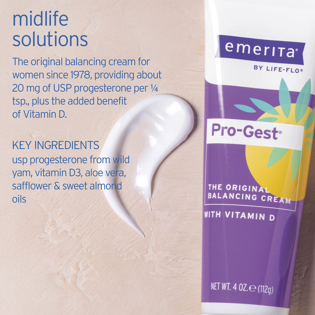 EMR029 | back of Pro-Gest tube with cream smear and ingredient text reading midlife solutions and key ingredients - Thumbnail