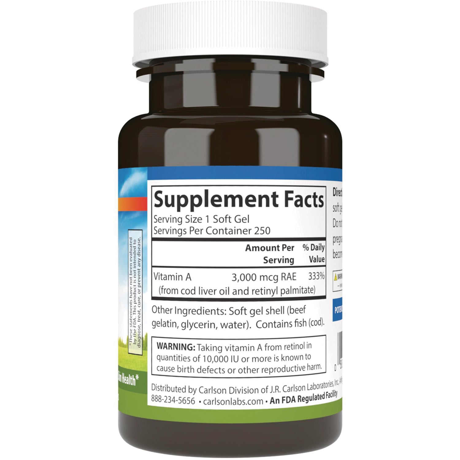 Supplement Facts label on brown supplement bottle showing Serving Size 1 Soft Gel and Vitamin A 3,000 mcg RAE