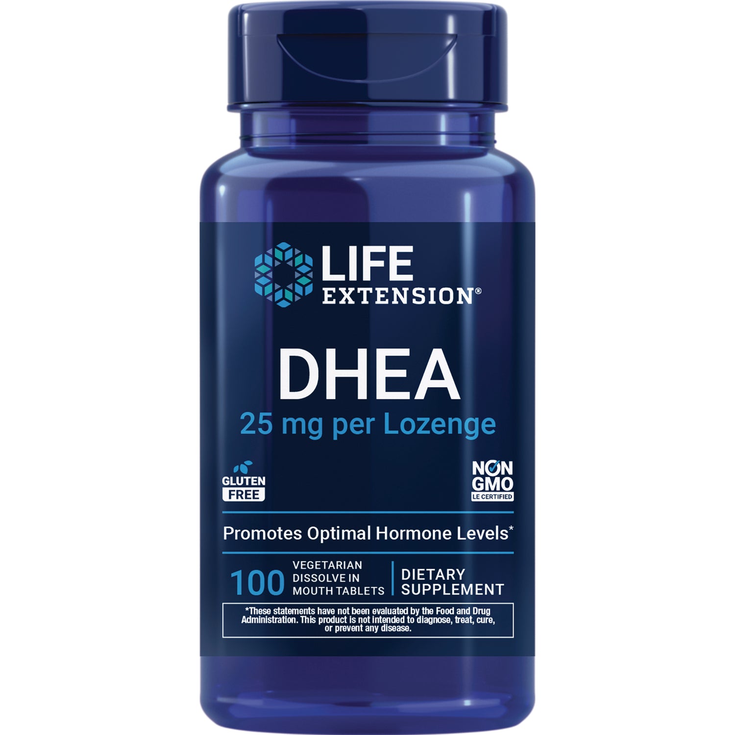 LE135 | Life Extension DHEA 25 mg bottle, 100 vegetarian dissolve-in-mouth tablets dietary supplement