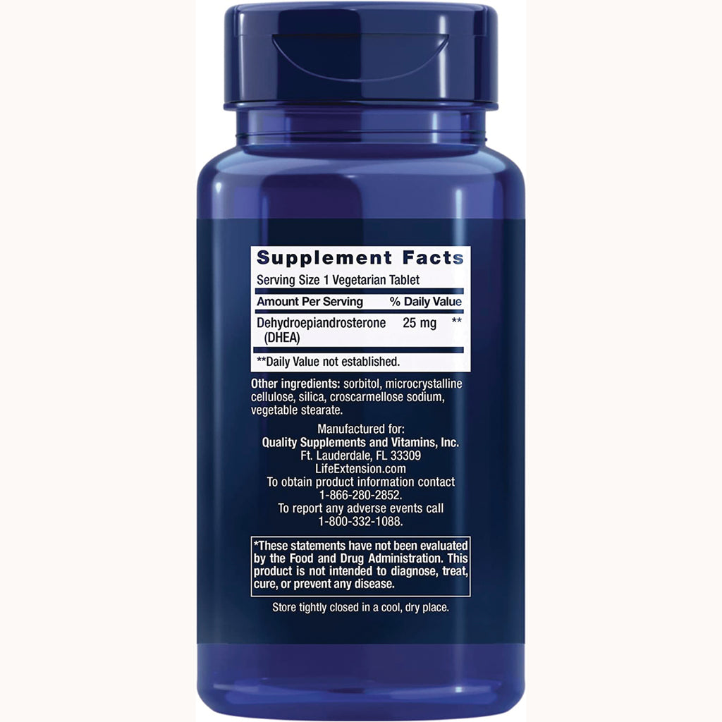 LE135 | back of blue supplement bottle showing Supplement Facts panel, Serving Size 1 Vegetarian Tablet and DHEA 25 mg - Thumbnail