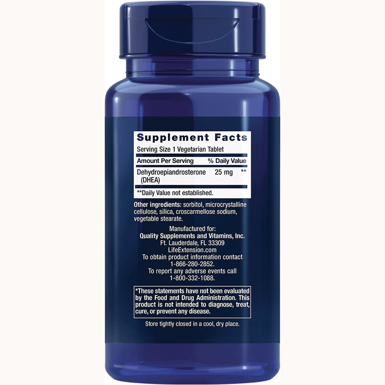 LE135 | back of blue supplement bottle showing Supplement Facts panel, Serving Size 1 Vegetarian Tablet and DHEA 25 mg