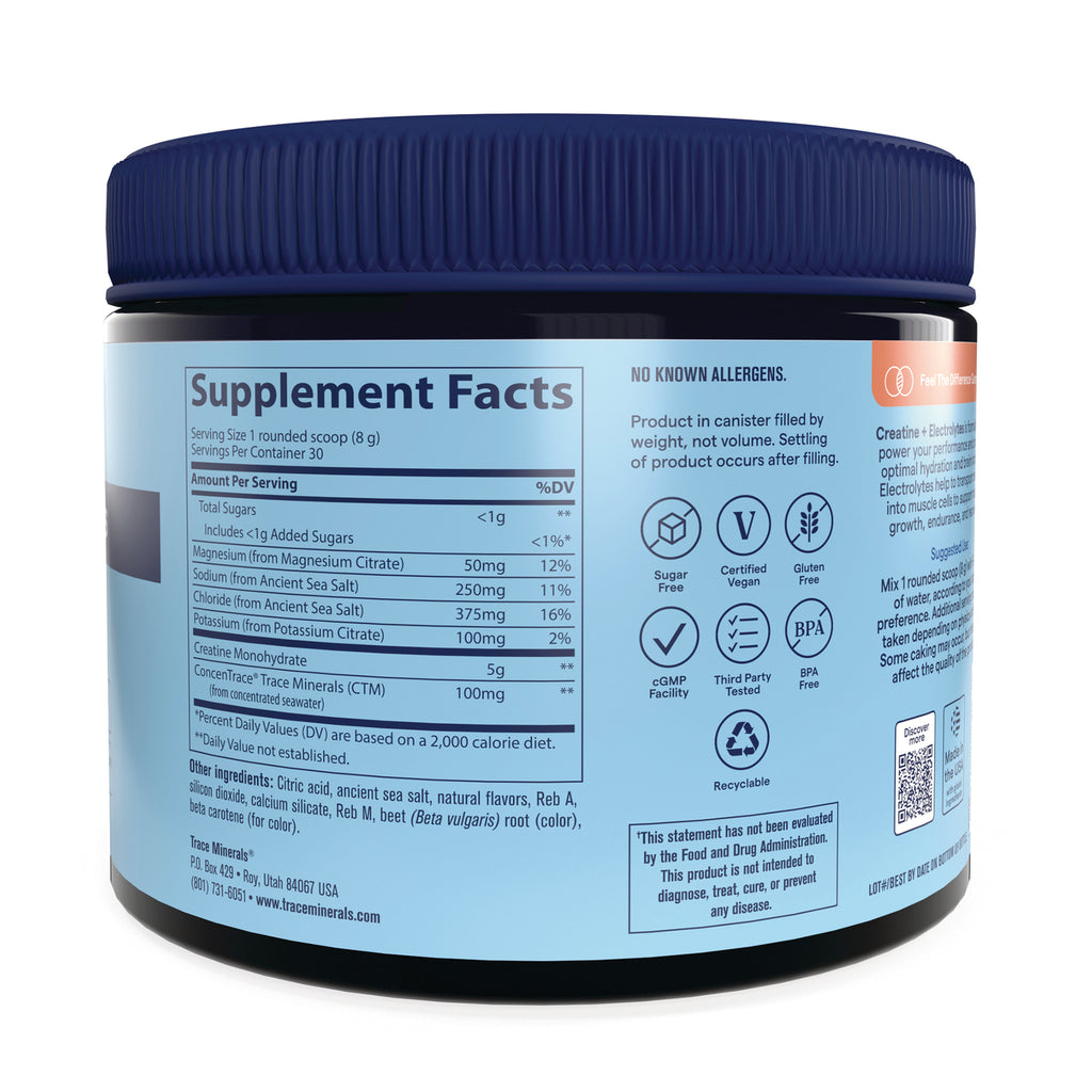 TM172 | Back label of Trace Minerals supplement jar with Supplement Facts and usage instructions - Thumbnail