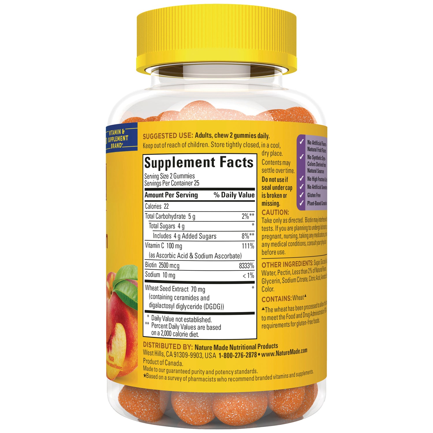 NTM187 | Back of clear bottle showing Supplement Facts label and ingredient panel with orange gummies