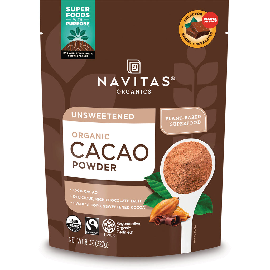 NAV029 | Navitas Organics unsweetened organic cacao powder pouch with spoonful of cacao powder - Thumbnail