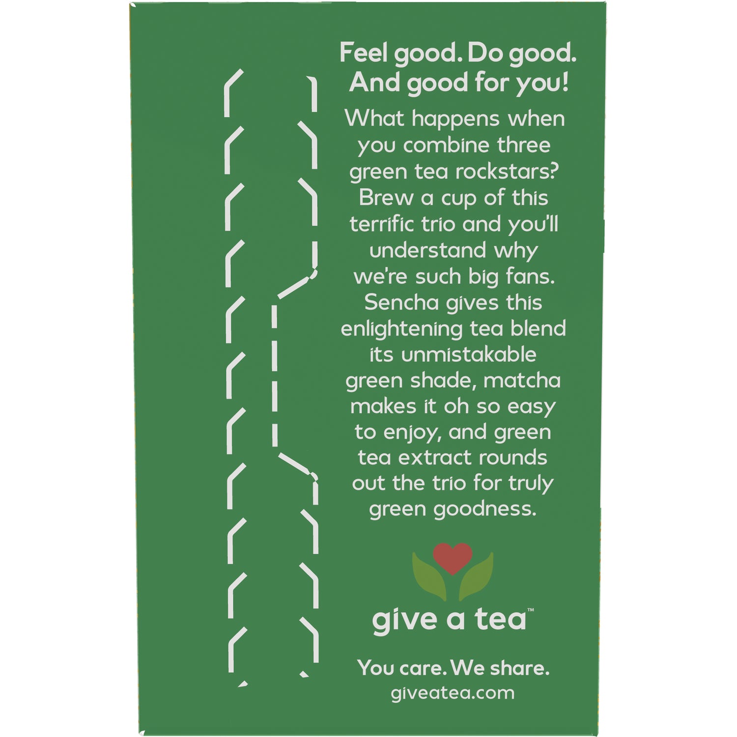 NWF1097 | Back panel of green Give a Tea box with product description, heart-leaf logo, and website