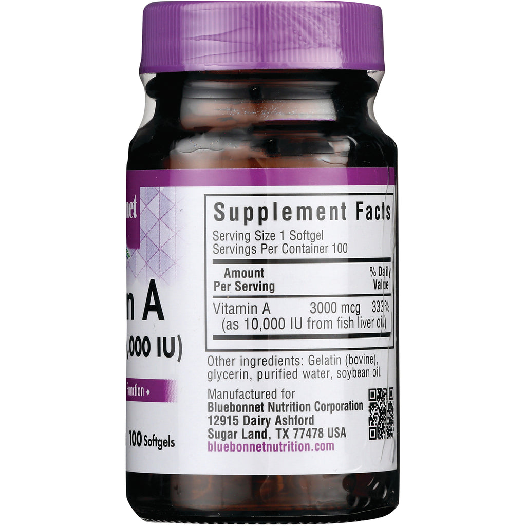 BLU121 | Back of supplement bottle showing Supplement Facts panel listing Vitamin A 3000 mcg and manufacturer Bluebonnet Nutrition address - Thumbnail