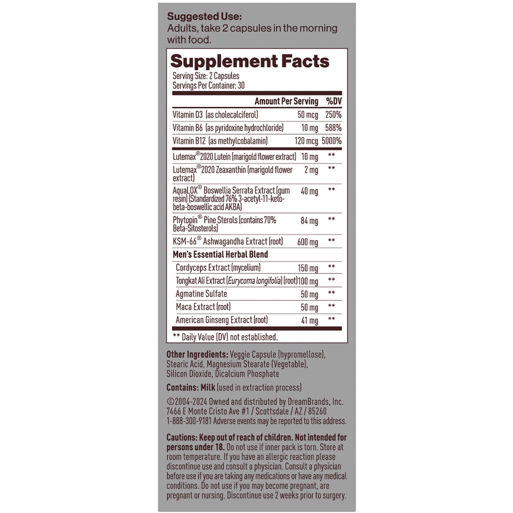 OCN006 | Supplement facts and back label showing serving size, vitamin amounts, men's herbal blend, other ingredients and cautions - Thumbnail