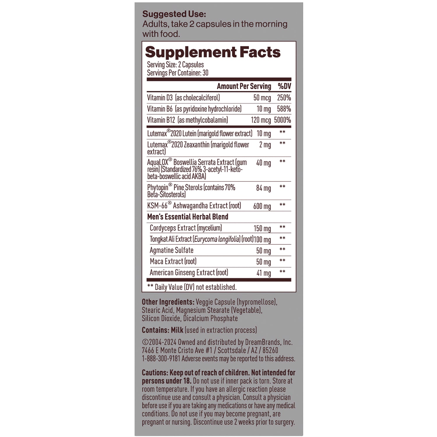 OCN006 | Supplement facts and back label showing serving size, vitamin amounts, men's herbal blend, other ingredients and cautions