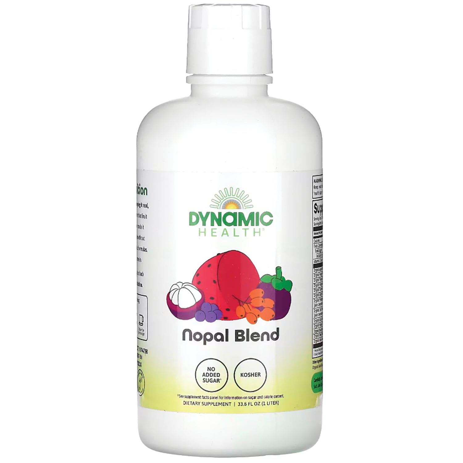 DYH046 | Dynamic Health certified organic Nopal Juice Blend bottle labeled formulated with AÇAI, MANGOSTEEN & SEABUCKTHORN