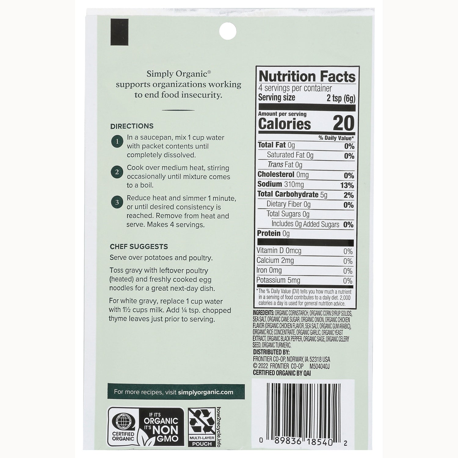 SMP049 | Back of Simply Organic packet with directions, Nutrition Facts, ingredients, certifications, and barcode
