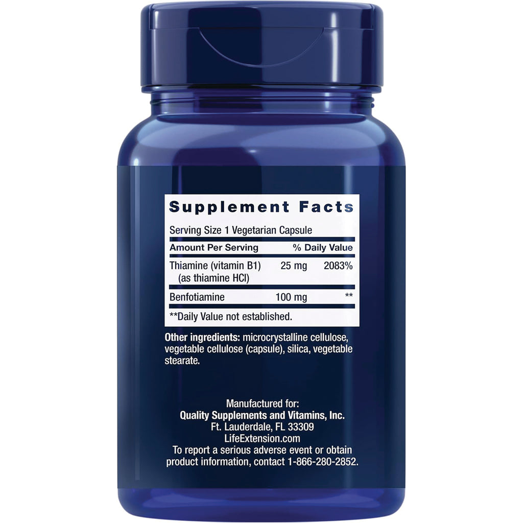 LE320 | Supplement Facts label on a Life Extension bottle showing thiamine and benfotiamine, 100 mg - Thumbnail