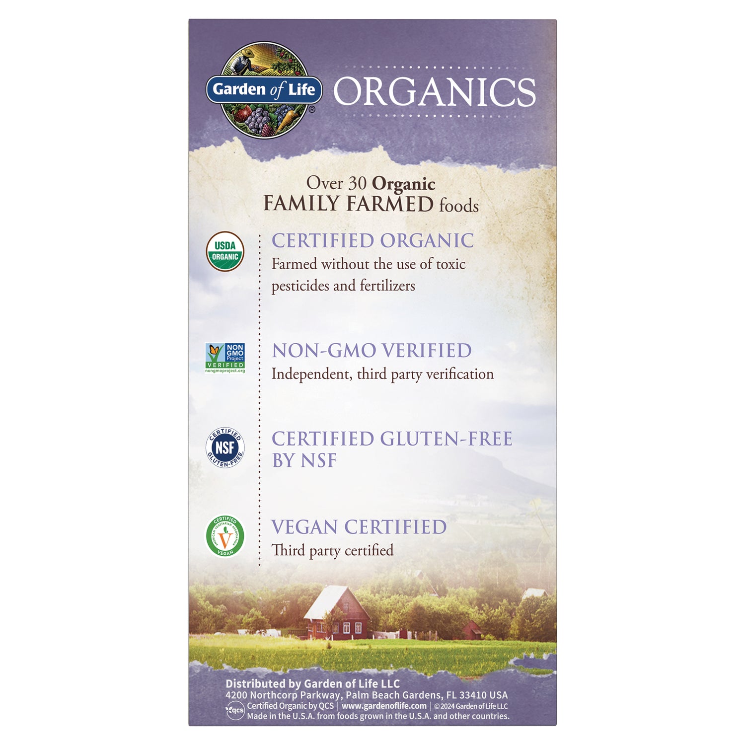 GLF184 | back panel listing certified organic, non-GMO verified, gluten-free by NSF, and vegan certified over farm background