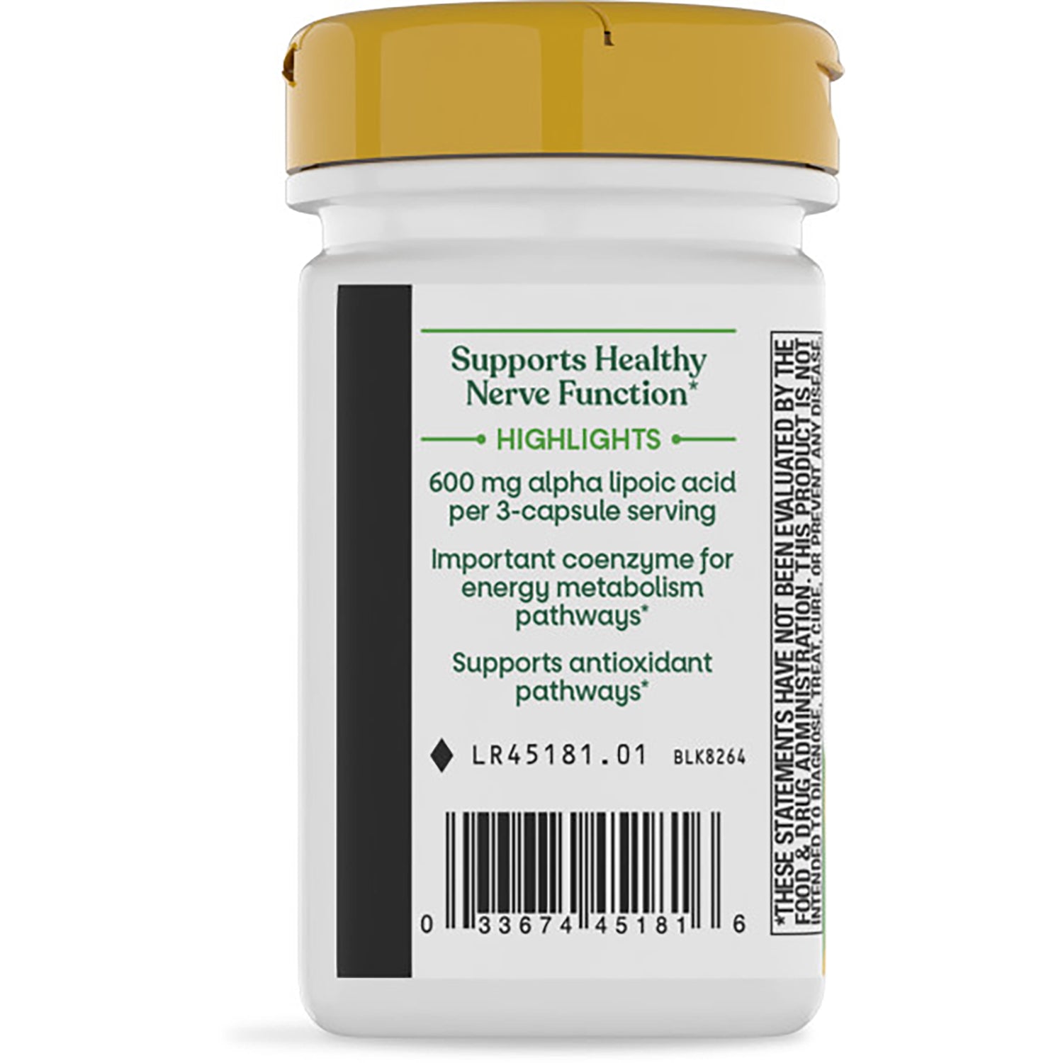 NW776 | back label of white supplement bottle with yellow cap, text supports healthy nerve function, product info and barcode