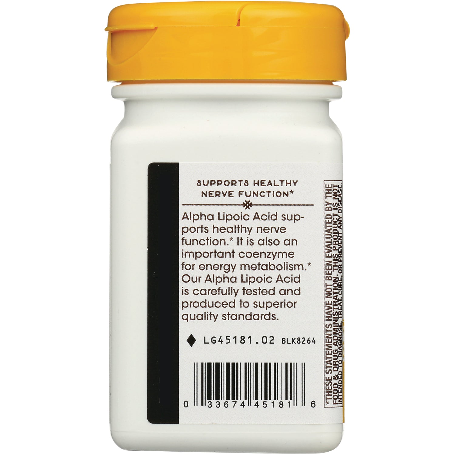 NW776 | back label of white supplement bottle with yellow cap, text supports healthy nerve function, product info and barcode