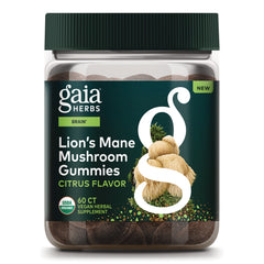 GH177 | Gaia Herbs Lion's Mane Mushroom Gummies citrus flavor jar, 60 count front label