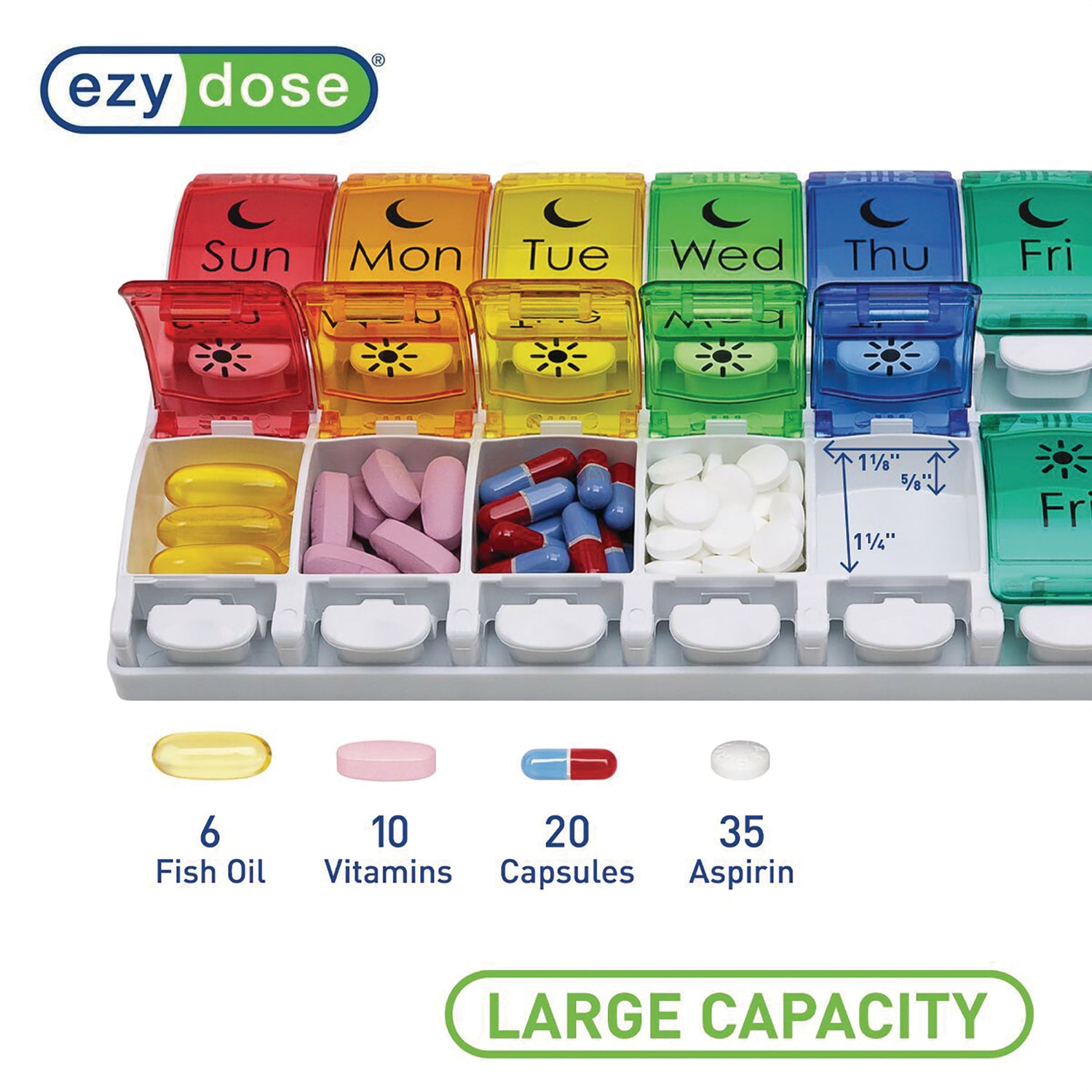 APP12 | Ezy Dose large-capacity weekly pill organizer infographic with compartment sizes and capacities