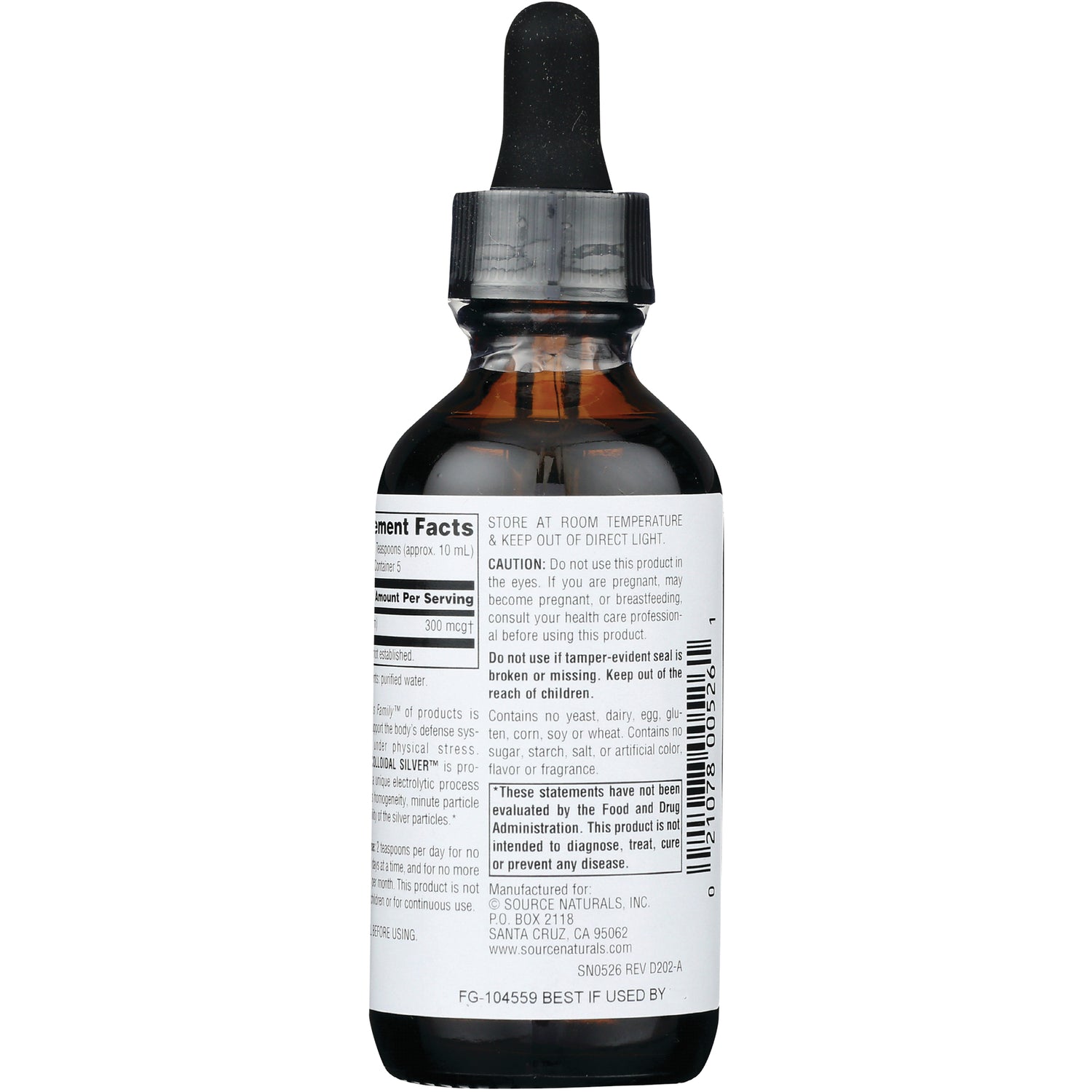 SN404 | Back label of dropper bottle with Supplement Facts, caution, storage directions, and barcode