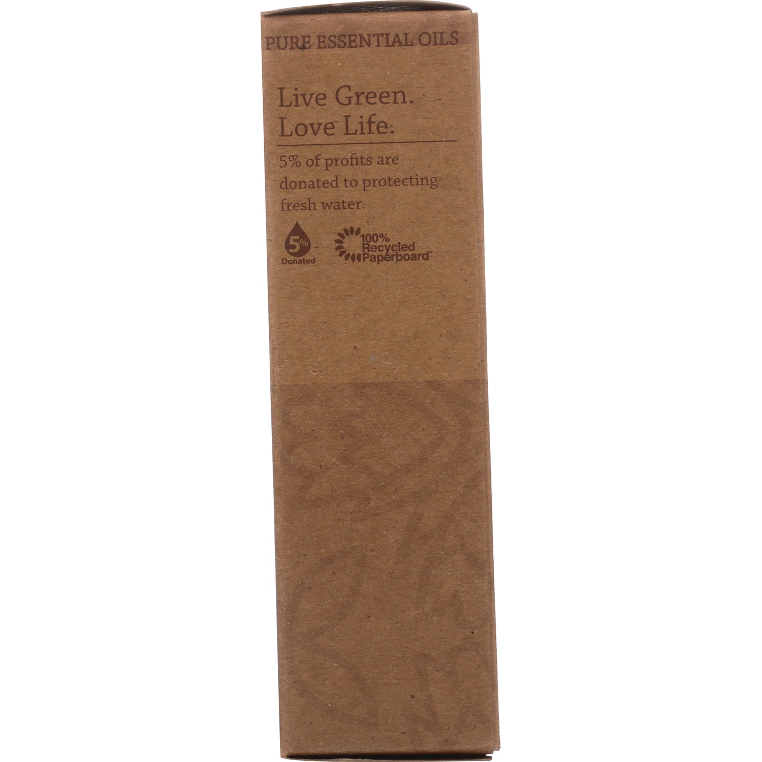 SLN002 | narrow brown recycled paperboard box labeled Pure Essential Oils, Live Green. Love Life and 5% of profits are donated to protecting fresh water