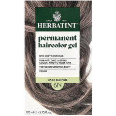 HBT003 | Herbatint permanent haircolor gel box front, dark blonde 6N with brand name and product claims