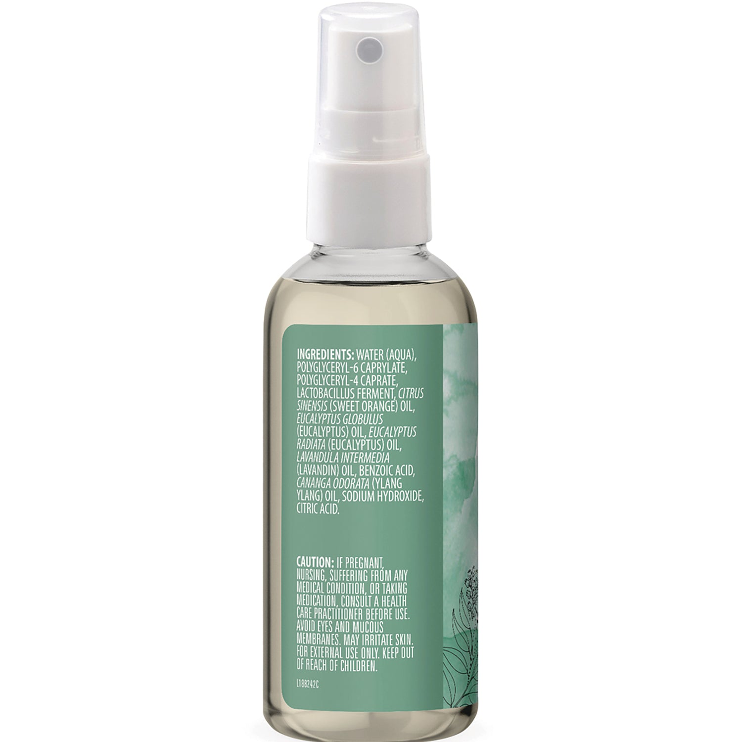 ARC051 | Back label of clear spray bottle showing ingredients and caution text on a green panel
