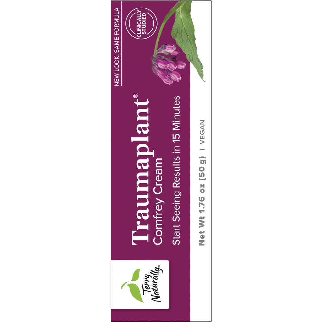 EUR029 | Product infographic showing purple packaging labeled Traumaplant Comfrey Cream with comfrey flower and Net Wt 1.76 oz (50 g) - Thumbnail