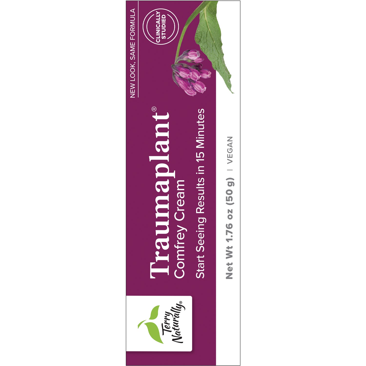 EUR029 | Product infographic showing purple packaging labeled Traumaplant Comfrey Cream with comfrey flower and Net Wt 1.76 oz (50 g)