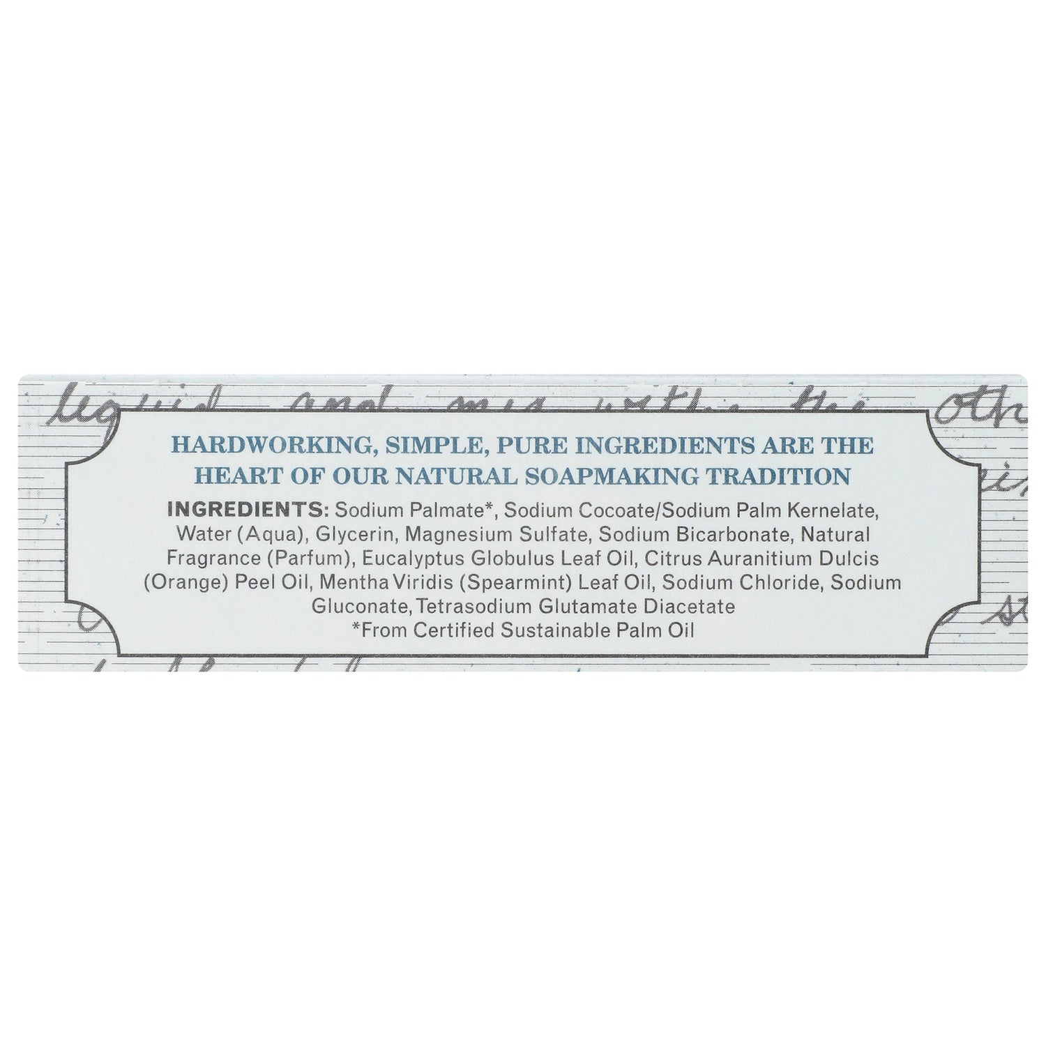 GP032 | back label with heading about pure ingredients and ingredient list including Sodium Palmate, glycerin, eucalyptus oil