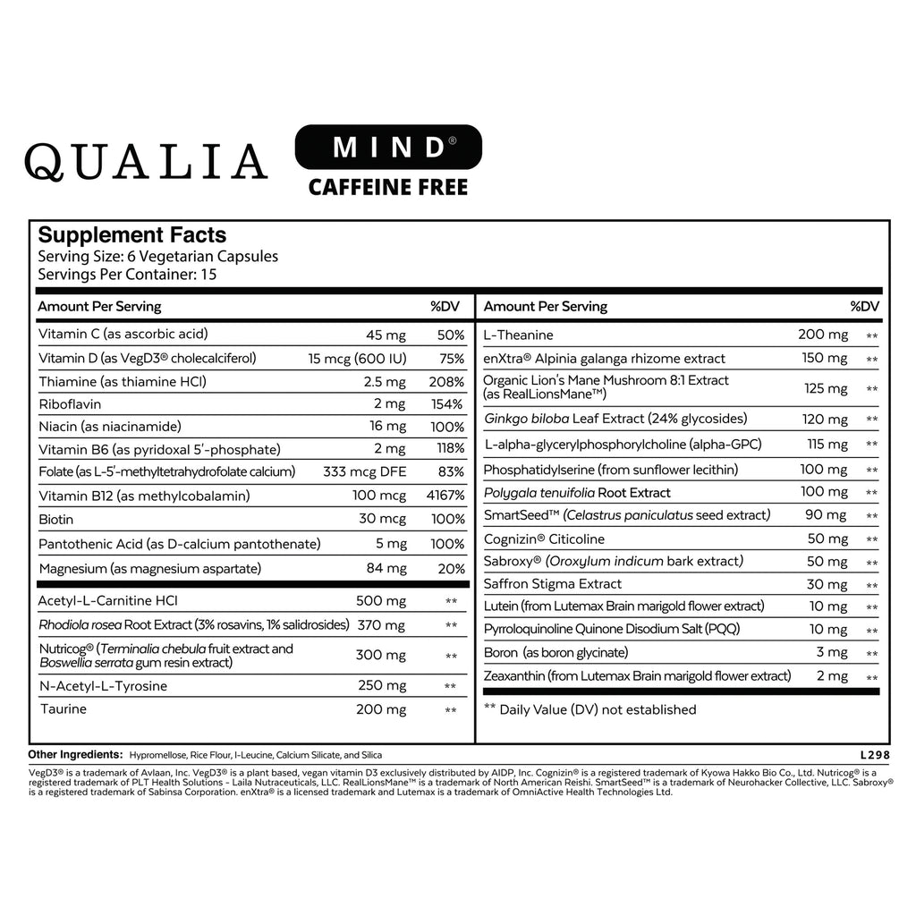 NEH012 | Qualia MIND caffeine free supplement facts label showing ingredients, serving size and amounts per serving - Thumbnail