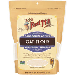 BOB446 | Bob's Red Mill oat flour pouch front showing Good Source of Fiber, whole grain Non GMO, NET WT 20 OZ