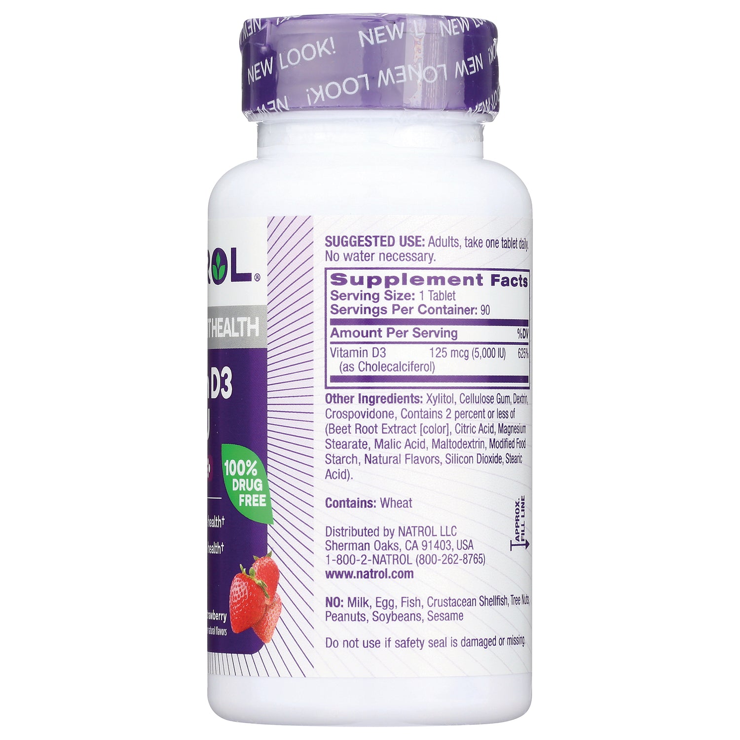 NA603 | Back label showing Supplement Facts, ingredients, warnings and distributor information for Vitamin D3 bottle