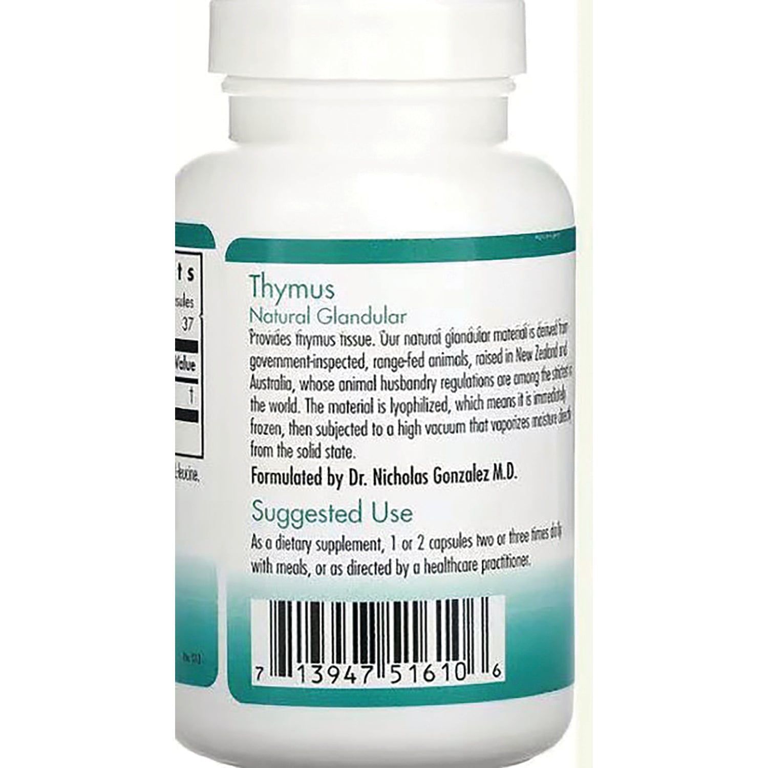 NCL010 | Back label of white supplement bottle reading Thymus Natural Glandular with suggested use text and barcode
