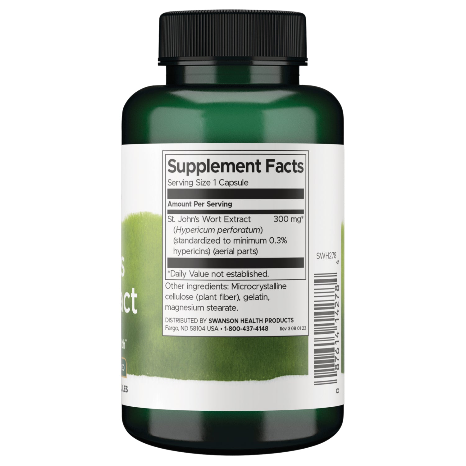 SWH278 | Back of supplement bottle with Supplement Facts for St. Johns Wort Extract 300 mg, serving size 1 capsule