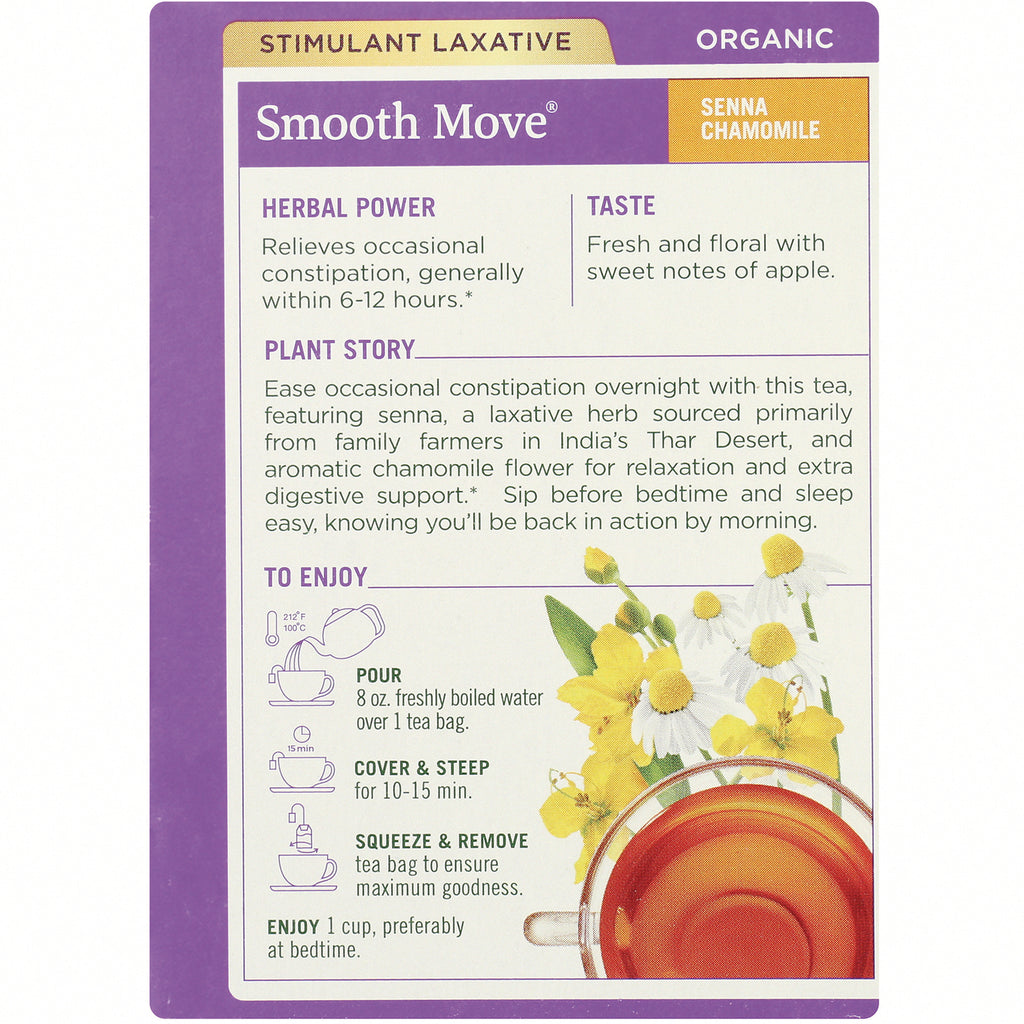 TMD042 | Back panel of Smooth Move Senna Chamomile tea with herbal power, taste notes, plant story, and brewing directions - Thumbnail
