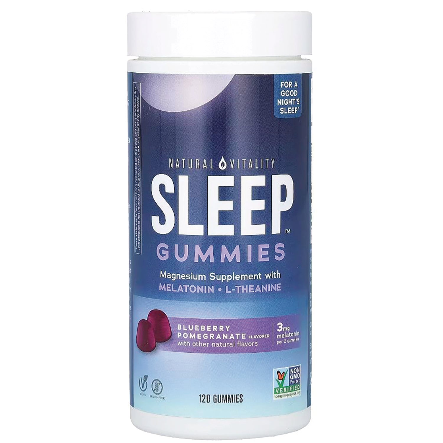 NVT055 | Natural Vitality Sleep Gummies bottle, blueberry pomegranate flavor front label, 120 gummies