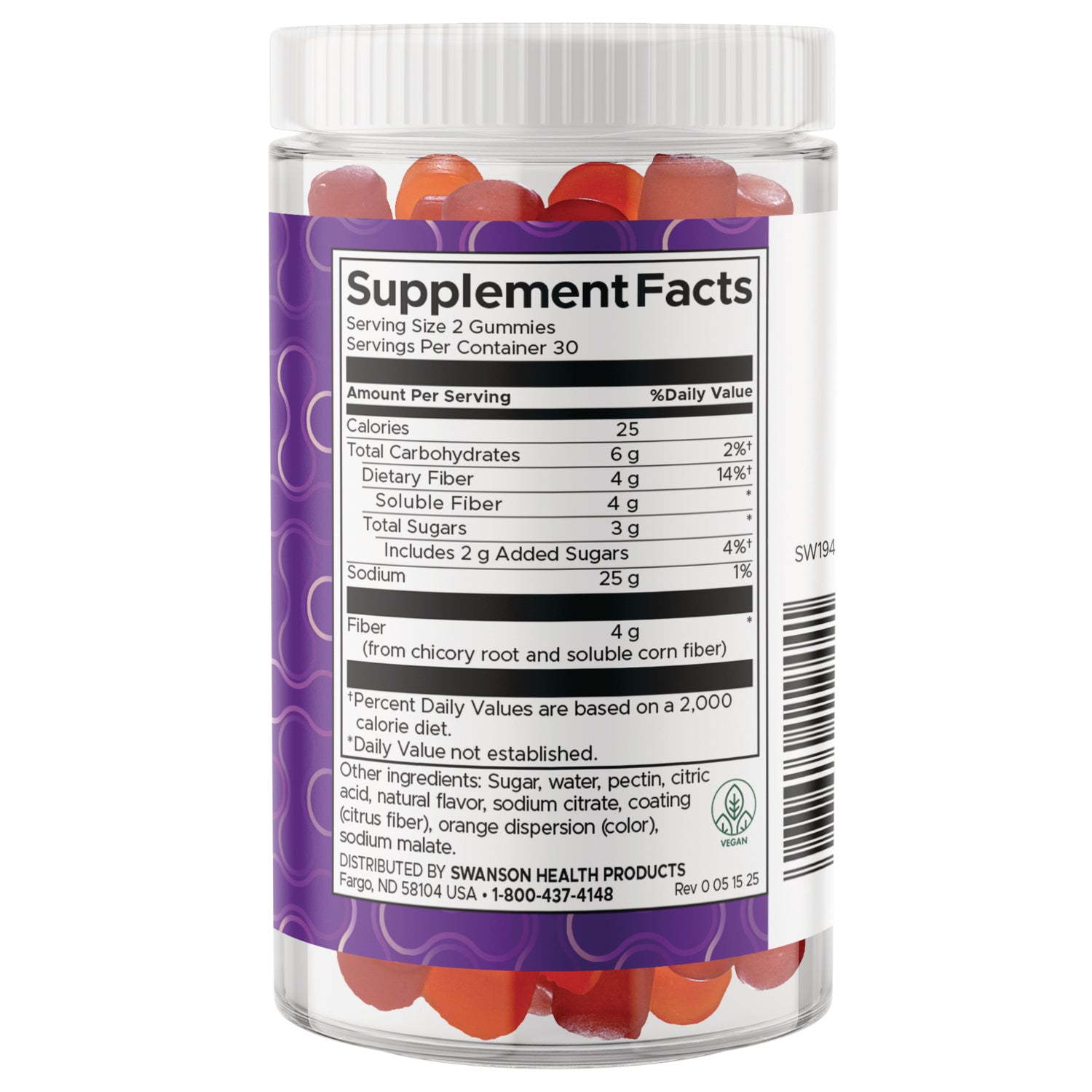 SW1944 | Back label with Supplement Facts panel for gummies, serving size 2 gummies, 30 servings