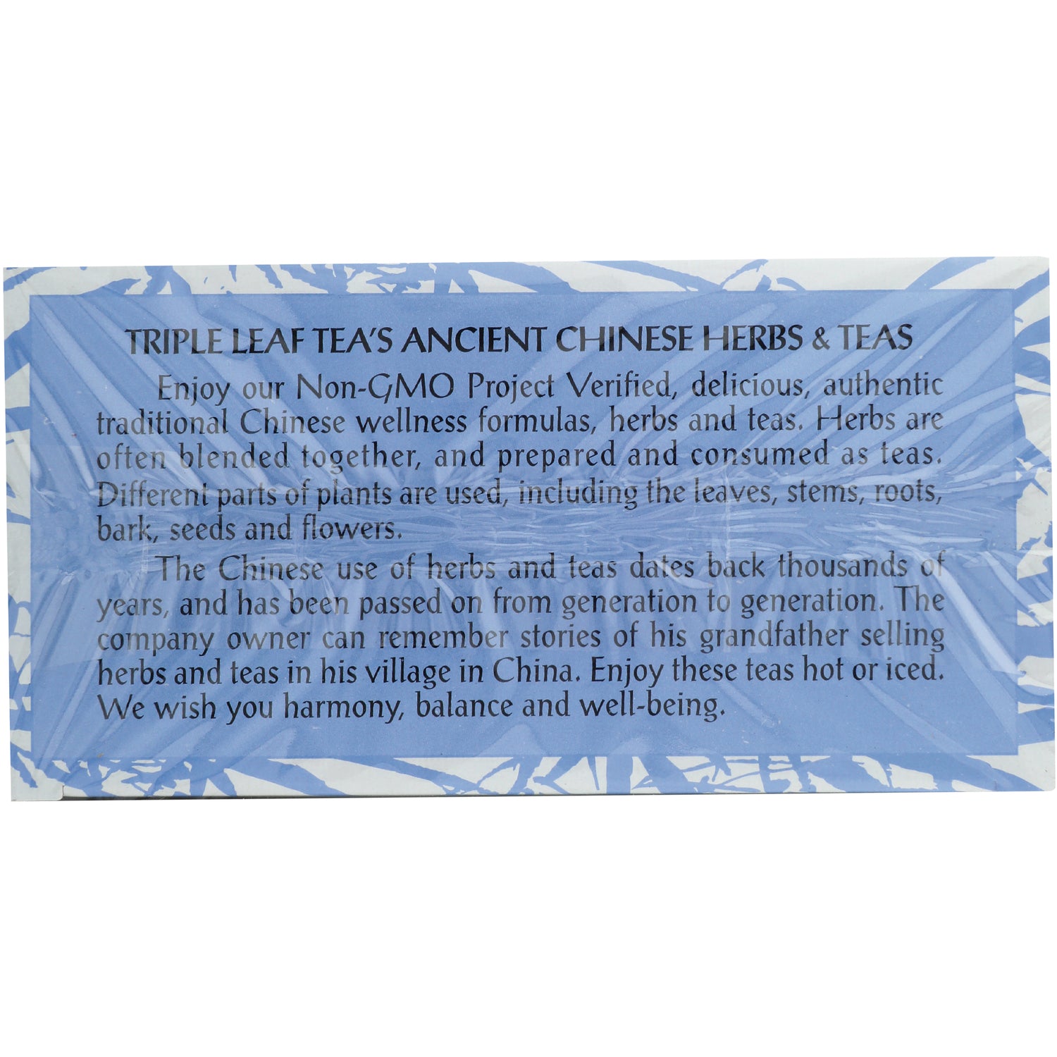 TLT011 | Triple Leaf Tea panel: 'Ancient Chinese Herbs & Teas' brand story and Non-GMO Project Verified message