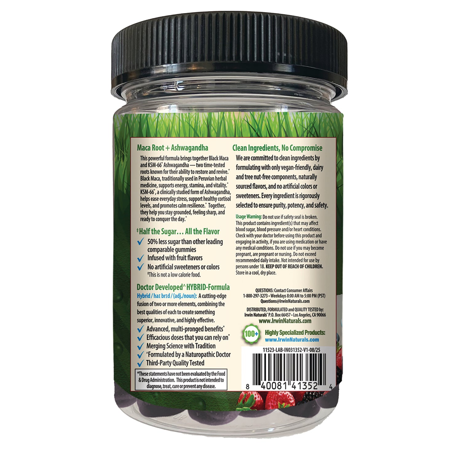 IR306 | Back label of supplement jar showing ingredients, usage information and barcode