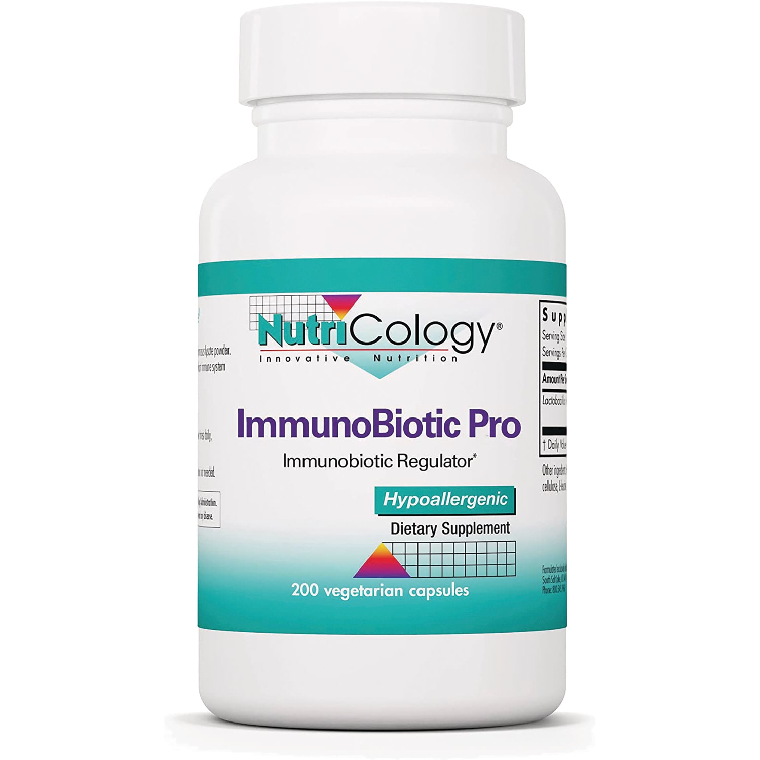 NCL063 | NutriCology ImmunoBiotic Pro hypoallergenic dietary supplement bottle front label, 200 vegetarian capsules
