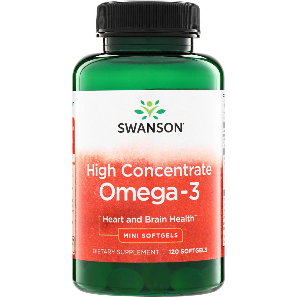 SWE095 | Swanson High Concentrate Omega-3 mini softgels, Heart and Brain Health, 120 softgels bottle front - Thumbnail