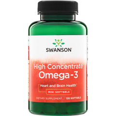 SWE095 | Swanson High Concentrate Omega-3 mini softgels, Heart and Brain Health, 120 softgels bottle front