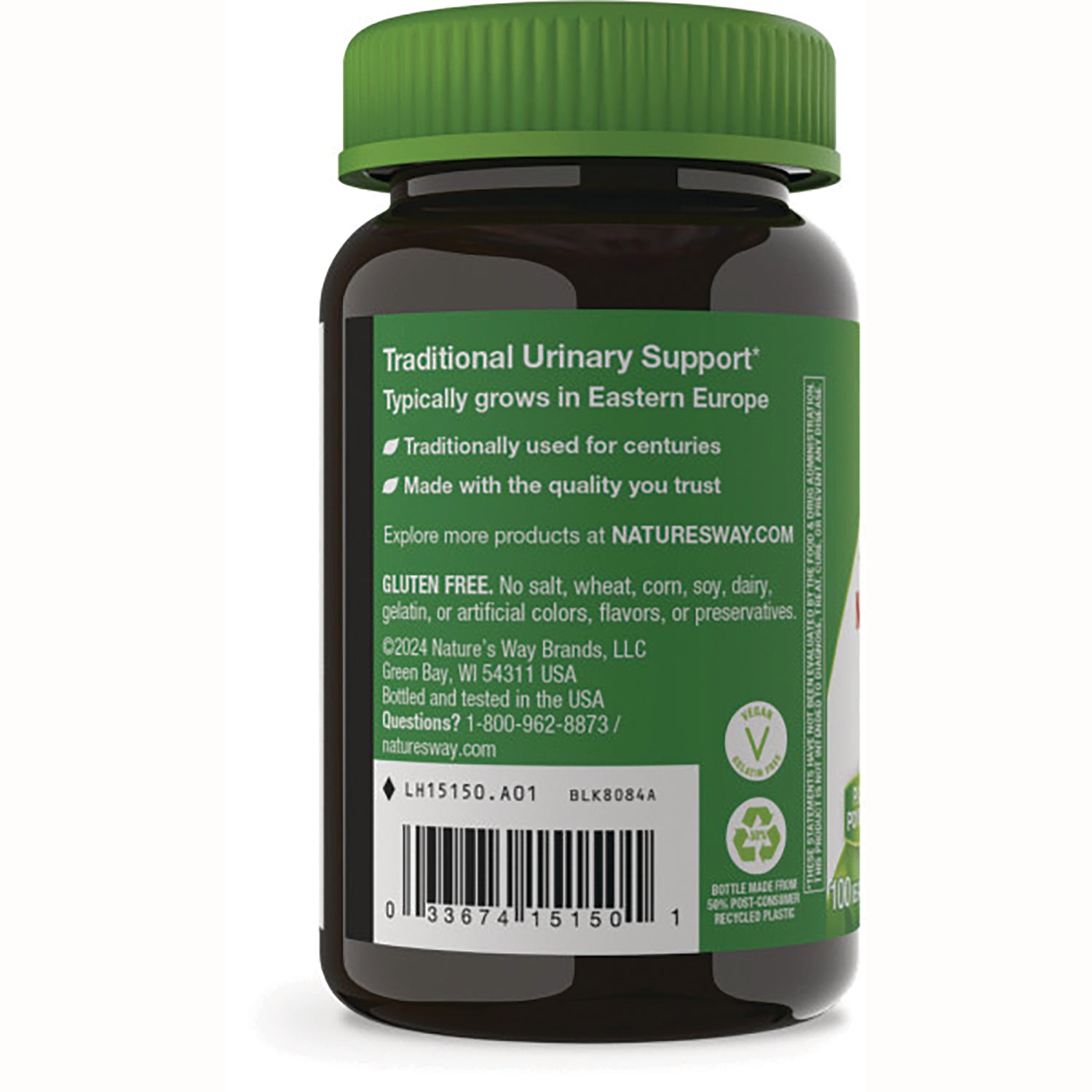 NW157 | Back of dark supplement bottle with green label reading Traditional Urinary Support, gluten free statement and barcode