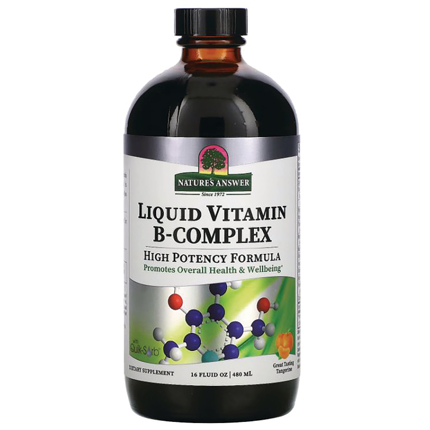 NAT107 | Amber 16 fl oz bottle of Nature's Answer Liquid Vitamin B-Complex high potency formula labeled tangerine flavor