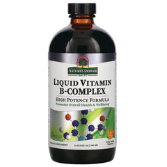 NAT107 | Amber 16 fl oz bottle of Nature's Answer Liquid Vitamin B-Complex high potency formula labeled tangerine flavor