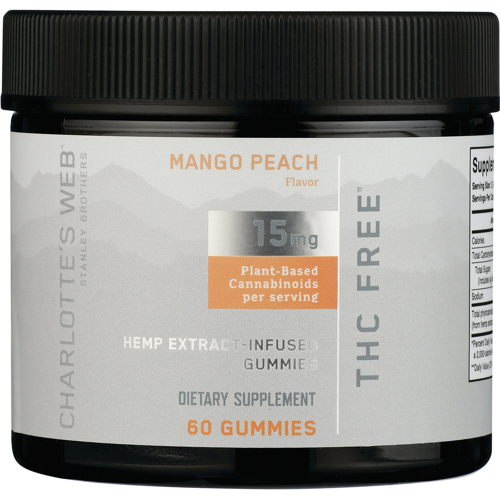 CHW040 | Mango Peach flavored hemp extract gummies jar, 60 gummies, 15 mg per serving, THC free - Thumbnail