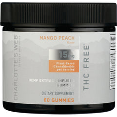 CHW040 | Mango Peach flavored hemp extract gummies jar, 60 gummies, 15 mg per serving, THC free