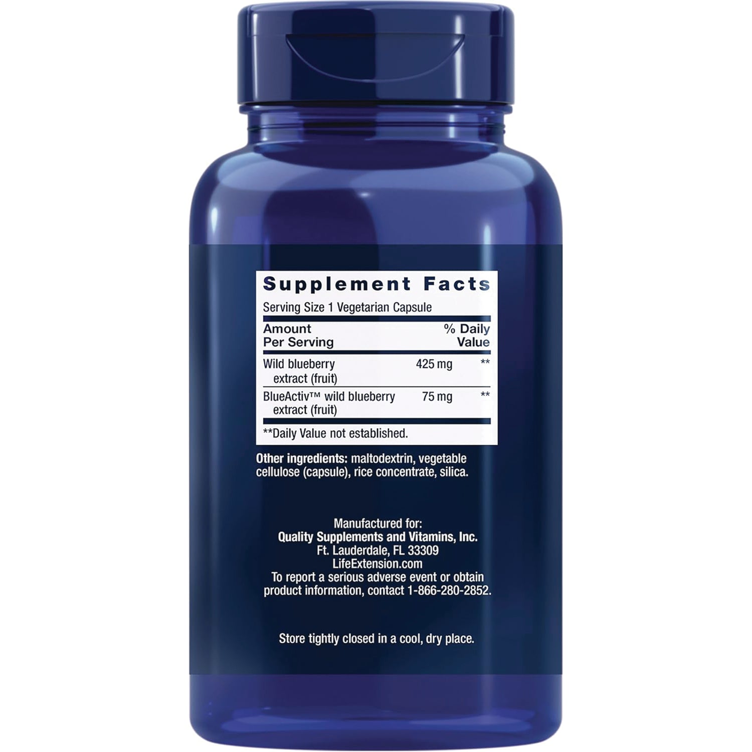 LE138 | back label showing Supplement Facts table and ingredients on a blue supplement bottle